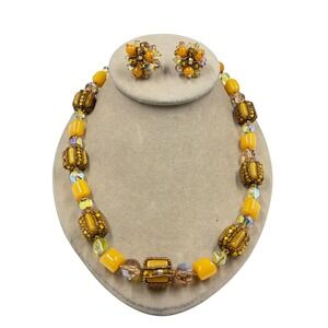 Vintage Vendome Amber Yellow Crystal Bead Necklace Earring Set 22"